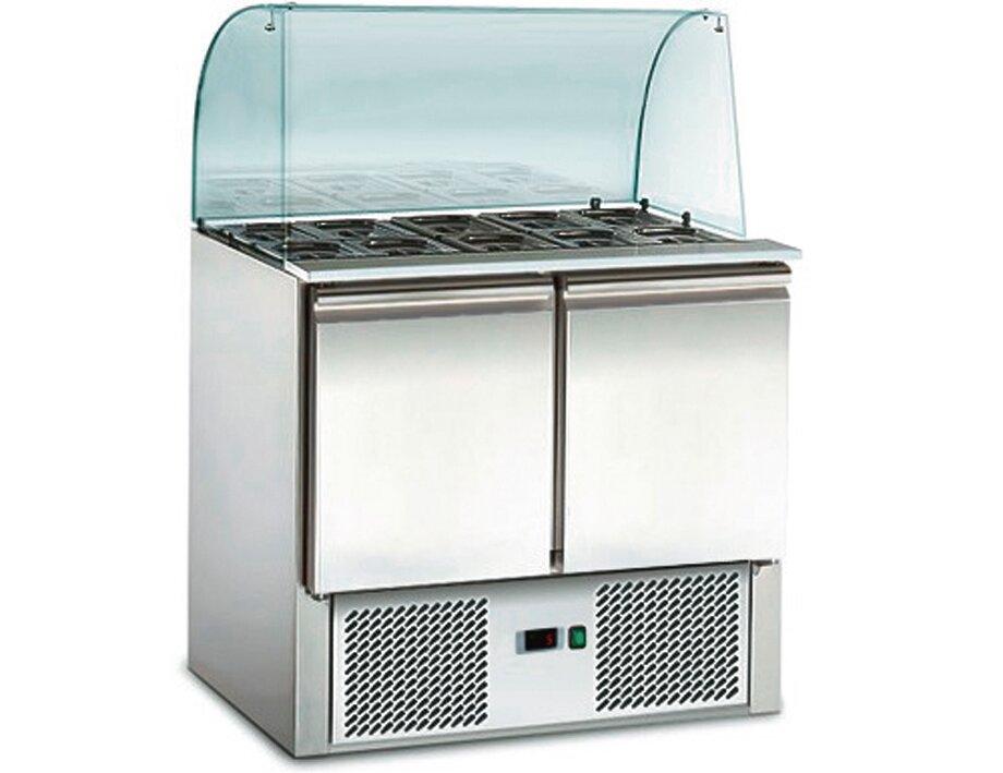 Saladette GN 1/1 2 Türen Toppingbereich 2 GN 1/1, 3 GN 1/6 gebogenes Frontglas