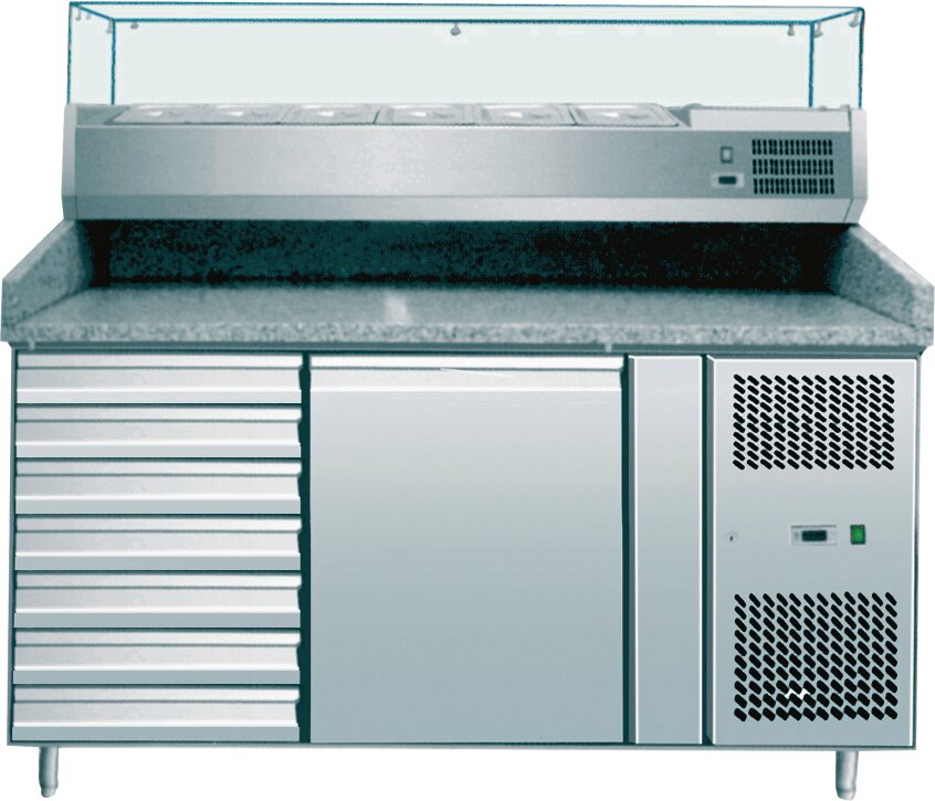 Pizzatisch mit Kühlaufsatzvitrine 5 GN 1/3, 1 GN 1/2, 1 Tür 7 Schubladen