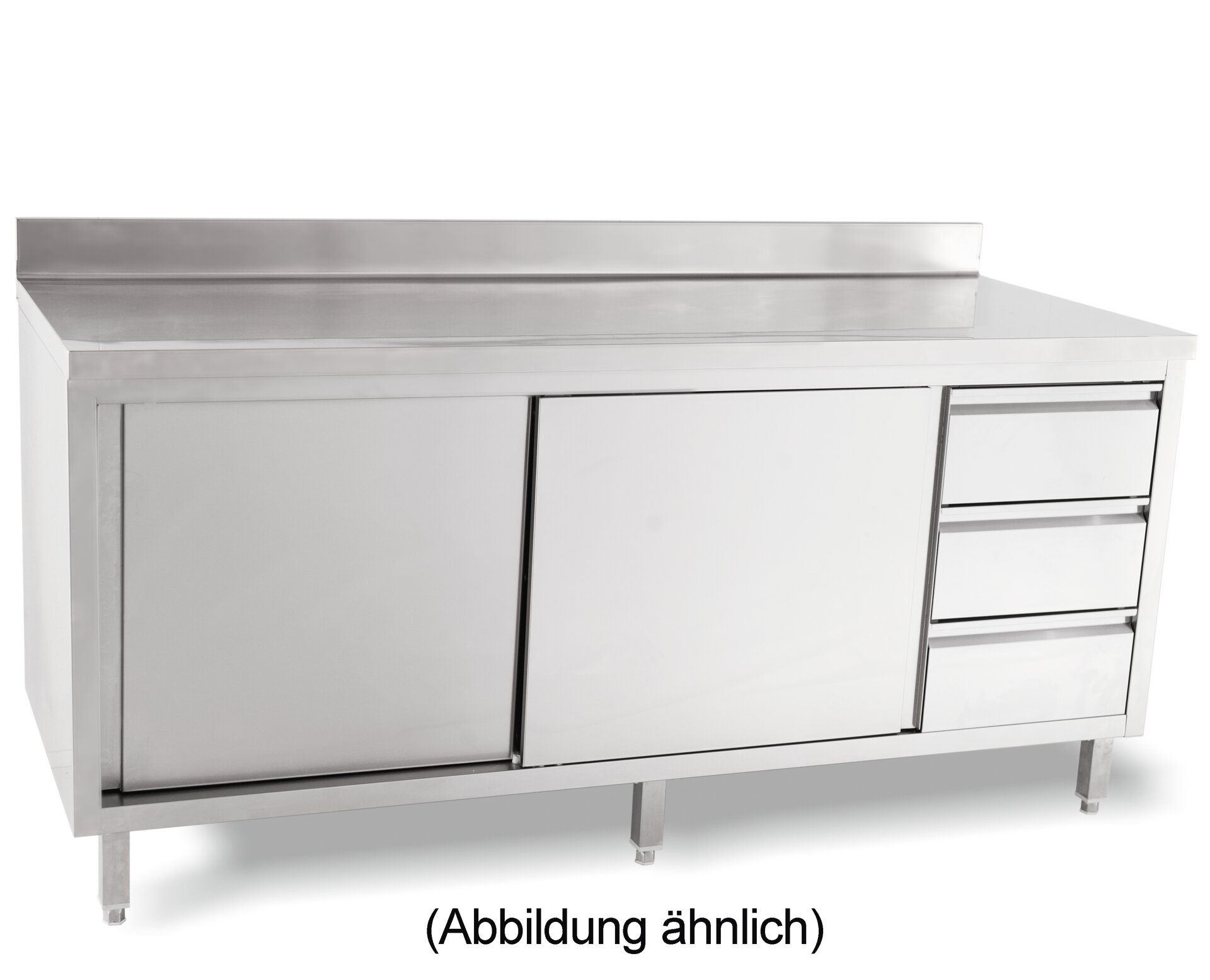 Arbeitsschrank mit Schiebetüren mit 50 mm Aufkantung Schubladen links